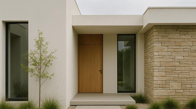 “Fachada de uma casa minimalista com linhas retas, materiais naturais como pedra e madeira, jardim simples e caminho de concreto, representando elegância e funcionalidade.”