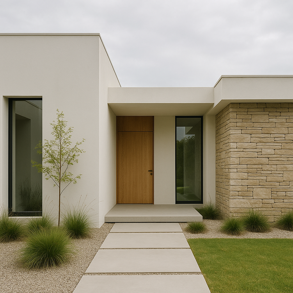 “Fachada de uma casa minimalista com linhas retas, materiais naturais como pedra e madeira, jardim simples e caminho de concreto, representando elegância e funcionalidade.”