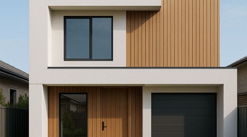 “Fachada moderna de casa contemporânea em estilo minimalista com linhas retas, uso de madeira e concreto, representando inspiração de como fazer fachada de casas sofisticada e funcional.”
