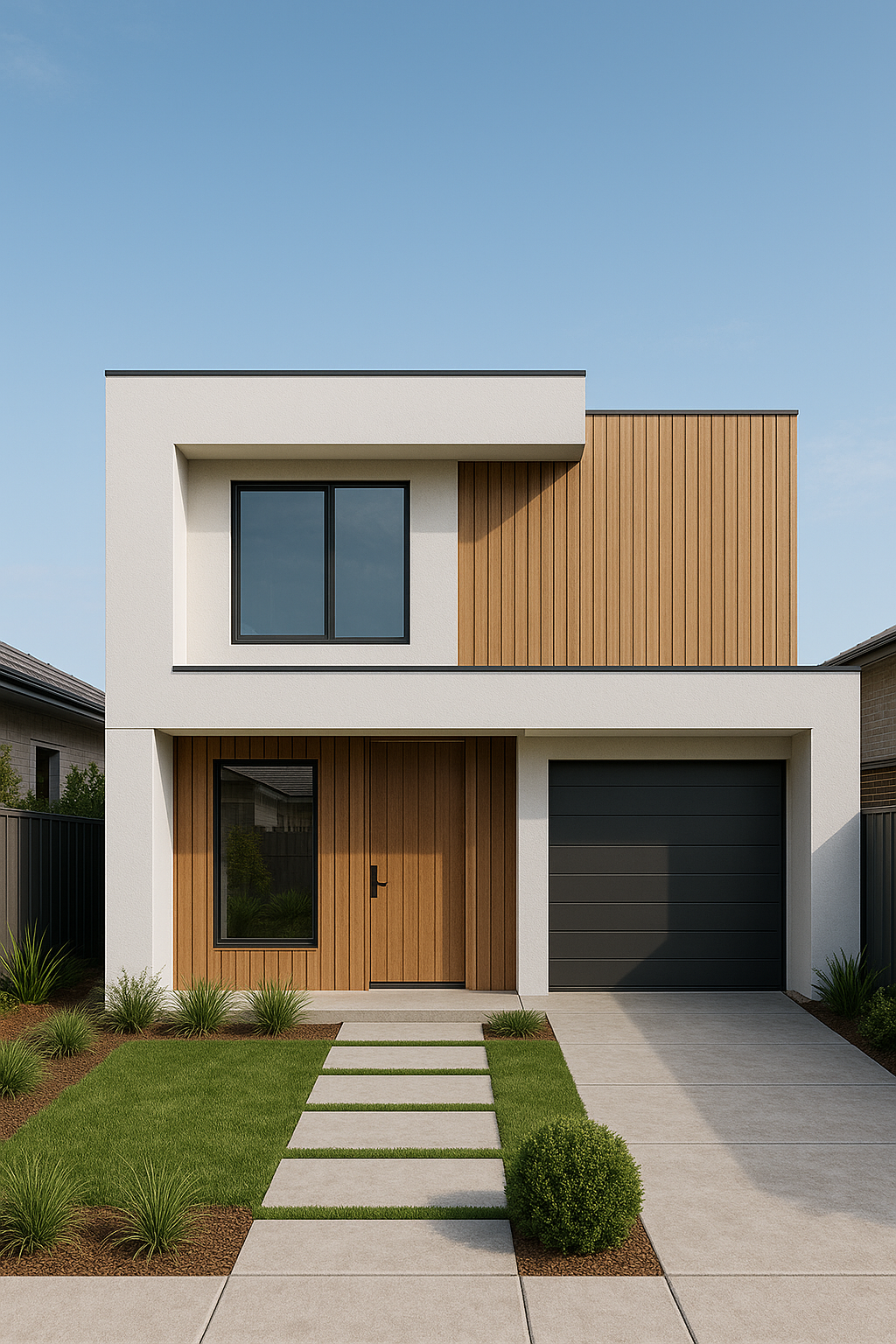 “Fachada moderna de casa contemporânea em estilo minimalista com linhas retas, uso de madeira e concreto, representando inspiração de como fazer fachada de casas sofisticada e funcional.”