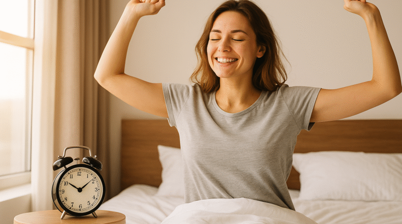 “Jovem mulher despertando sorridente em uma cama de lençóis brancos, alongando os braços enquanto a luz do sol entra pela janela ao lado, com um despertador marcando 6h50 sobre um criado-mudo, simbolizando hábitos saudáveis de rotina matinal.”