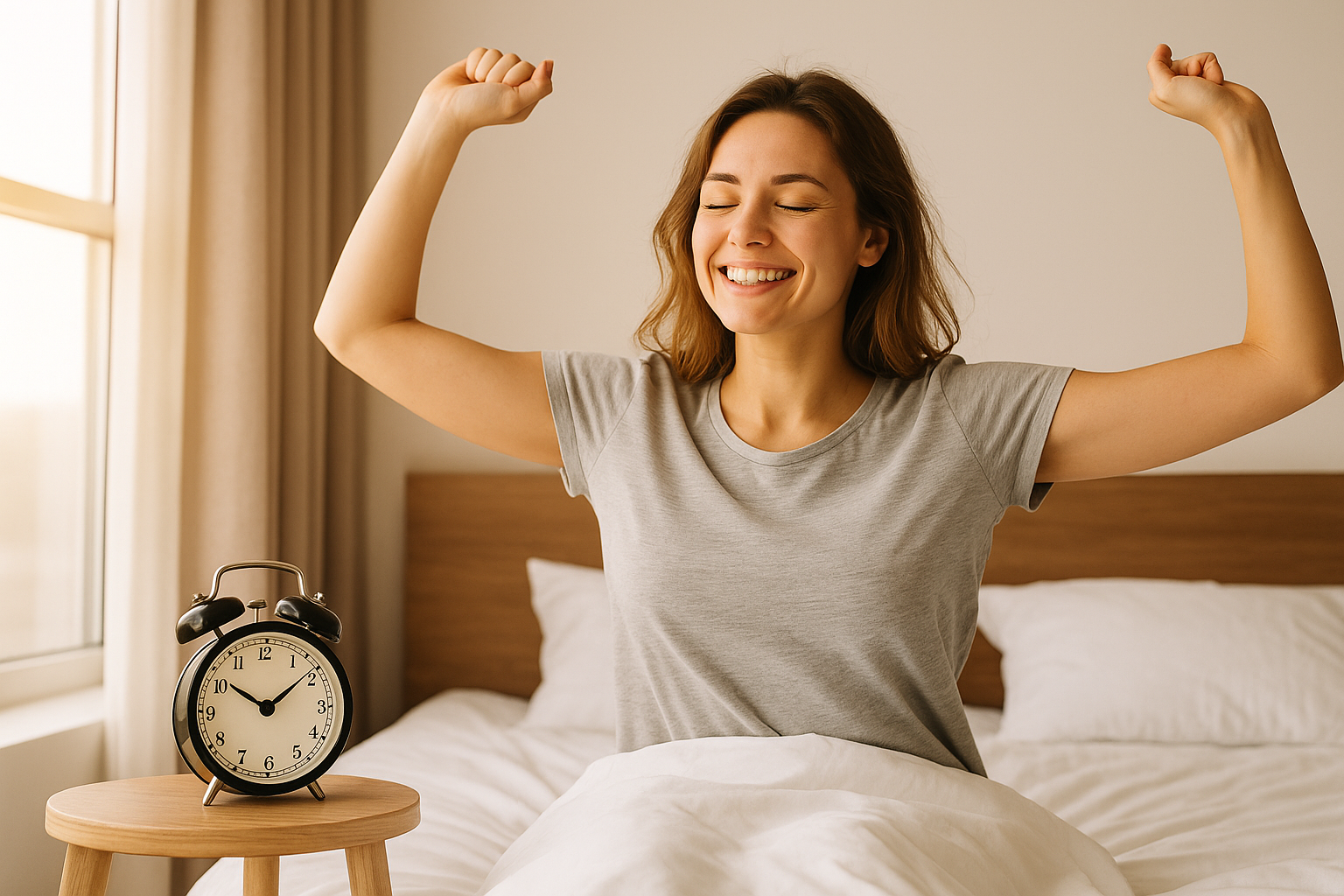 “Jovem mulher despertando sorridente em uma cama de lençóis brancos, alongando os braços enquanto a luz do sol entra pela janela ao lado, com um despertador marcando 6h50 sobre um criado-mudo, simbolizando hábitos saudáveis de rotina matinal.”