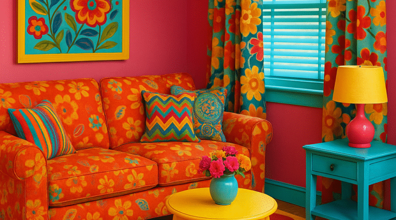 “Sala de estar representando o conceito de Brega na Decoração de Casa, com sofá floral laranja, tapete geométrico multicolorido e mesa de centro amarela, criando um ambiente visualmente poluído e exagerado.”