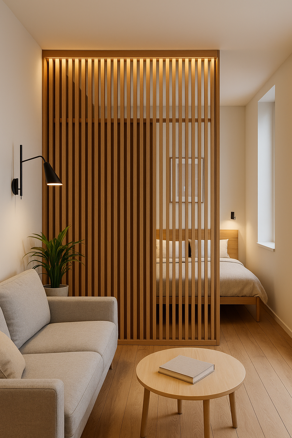 "Sala de estar moderna com sofá cinza e mesa de centro de madeira, separada do quarto por uma divisória de ripas de madeira clara com iluminação embutida, criando um ambiente aconchegante e funcional em espaço pequeno