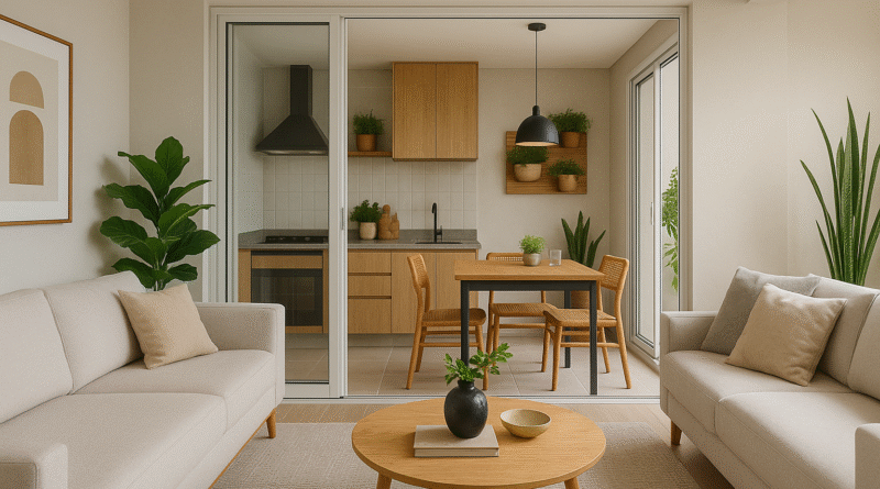 Ambiente moderno com sala de estar clara integrada a uma varanda gourmet charmosa, separada por porta de vidro, com móveis de madeira e plantas decorativas.
