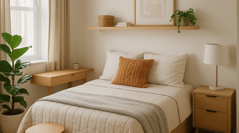 Quarto pequeno e bem iluminado com cama de madeira clara, almofada laranja, mesa lateral com luminária, planta decorativa e prateleira com itens naturais, criando um ambiente minimalista e acolhedor.