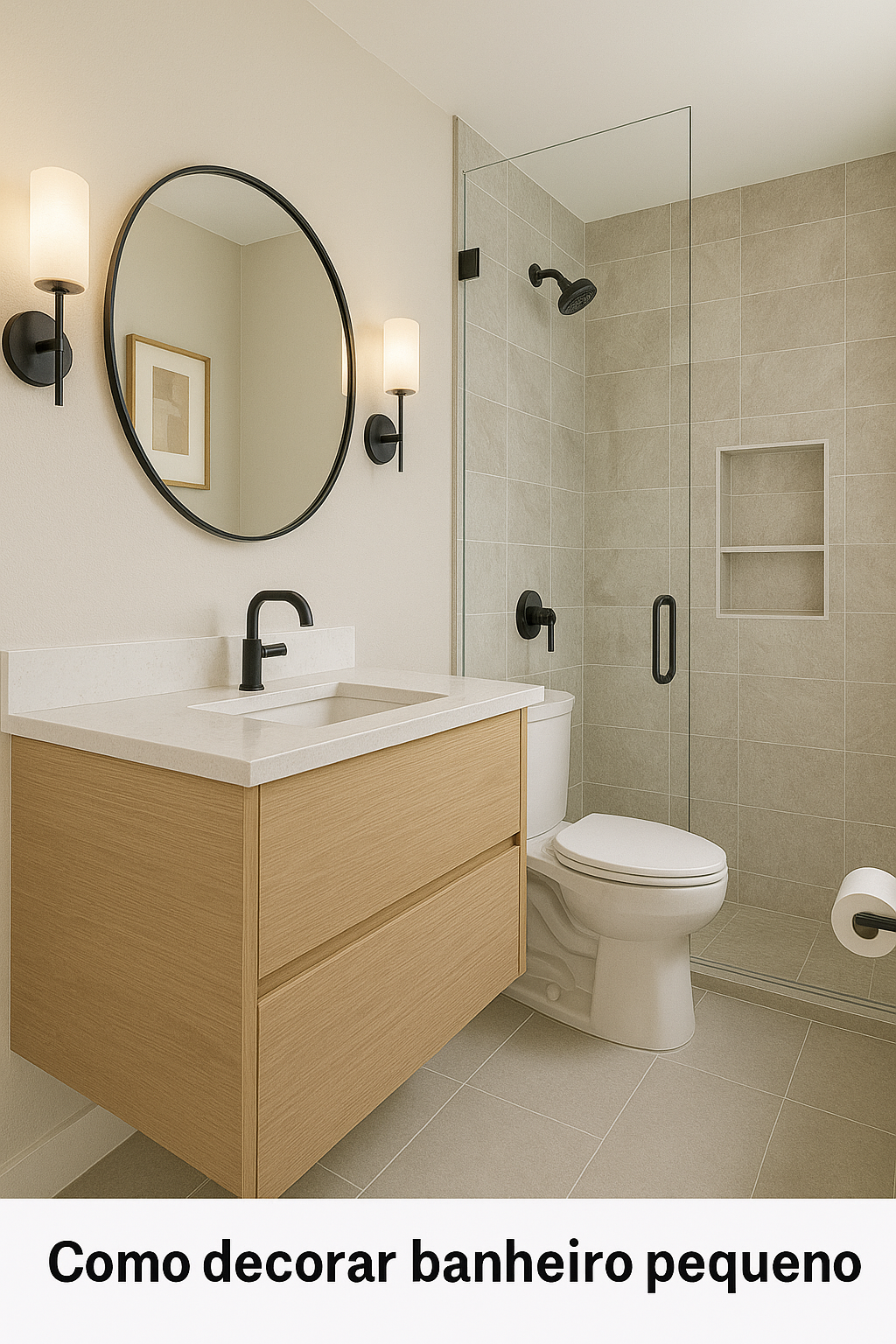 Banheiro pequeno com decoração moderna e minimalista, apresentando pia com gabinete de madeira clara suspenso, espelho redondo com moldura preta, luminárias de parede, box de vidro transparente e revestimento em tom bege nas paredes.