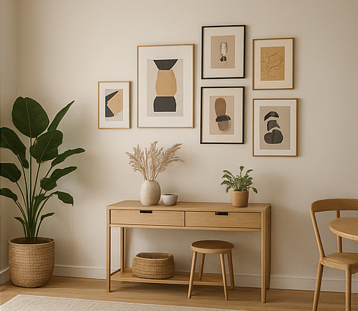 Parede decorada com quadros modernos em tons terrosos, planta em vaso grande e aparador com objetos naturais e banquetas em madeira.