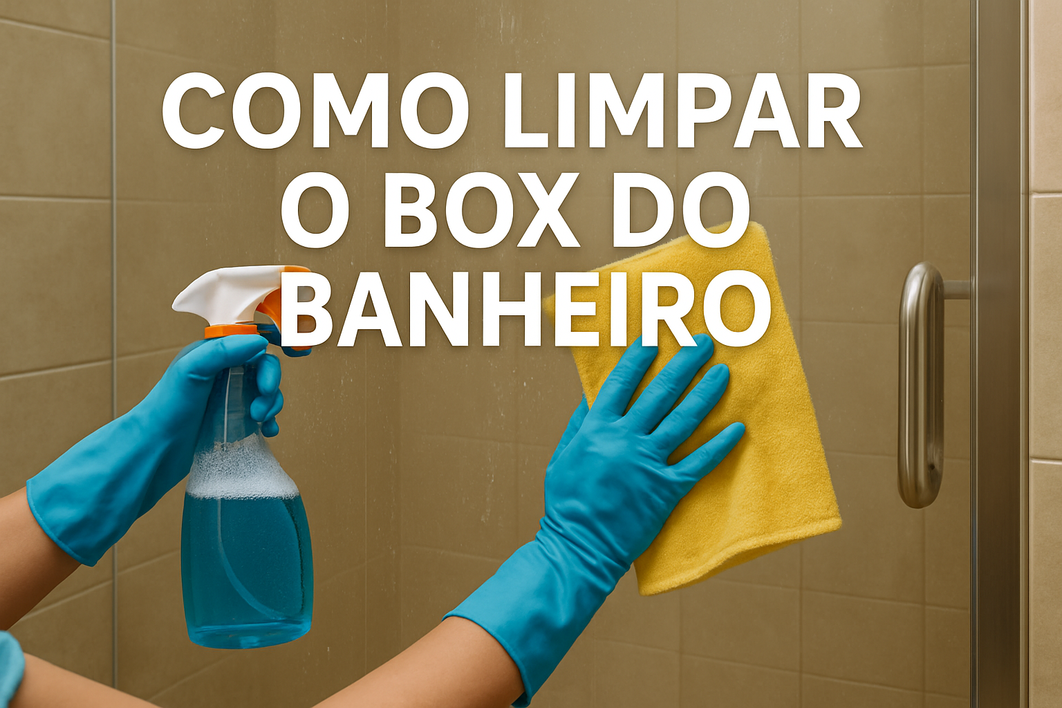 Pessoa usando luvas azuis limpa um box de banheiro com um pano amarelo e borrifa um produto de limpeza no vidro, com a frase em destaque “COMO LIMPAR O BOX DO BANHEIRO” escrita na parte superior da imagem.