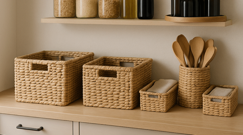 "Imagem de uma cozinha organizada com estilo moderno e natural, apresentando cestos de palha em tamanhos variados sobre um balcão de madeira clara. Acima, prateleiras e nichos de madeira exibem potes de vidro com alimentos, utensílios de madeira e louças. A composição transmite praticidade, estética limpa e organização funcional."
