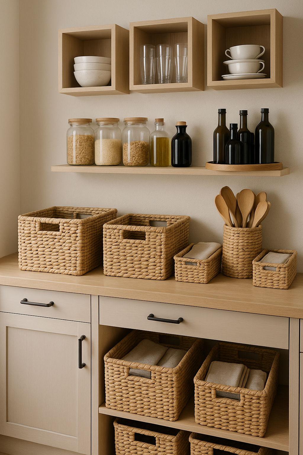 "Imagem de uma cozinha organizada com estilo moderno e natural, apresentando cestos de palha em tamanhos variados sobre um balcão de madeira clara. Acima, prateleiras e nichos de madeira exibem potes de vidro com alimentos, utensílios de madeira e louças. A composição transmite praticidade, estética limpa e organização funcional."