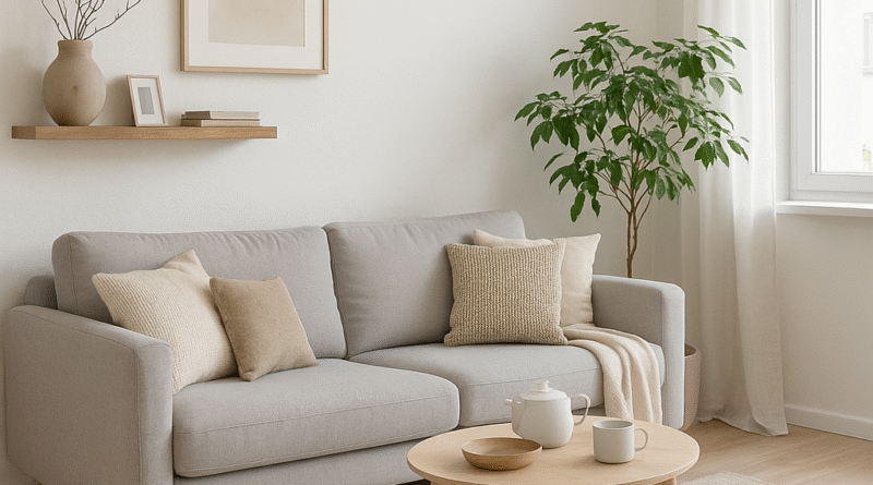 "Sala de estar com Design Escandinavo em Espaços Pequenos, apresentando sofá cinza claro, mesa de centro em madeira clara, tapete bege minimalista e planta em vaso simples, criando um ambiente funcional, acolhedor e iluminado."