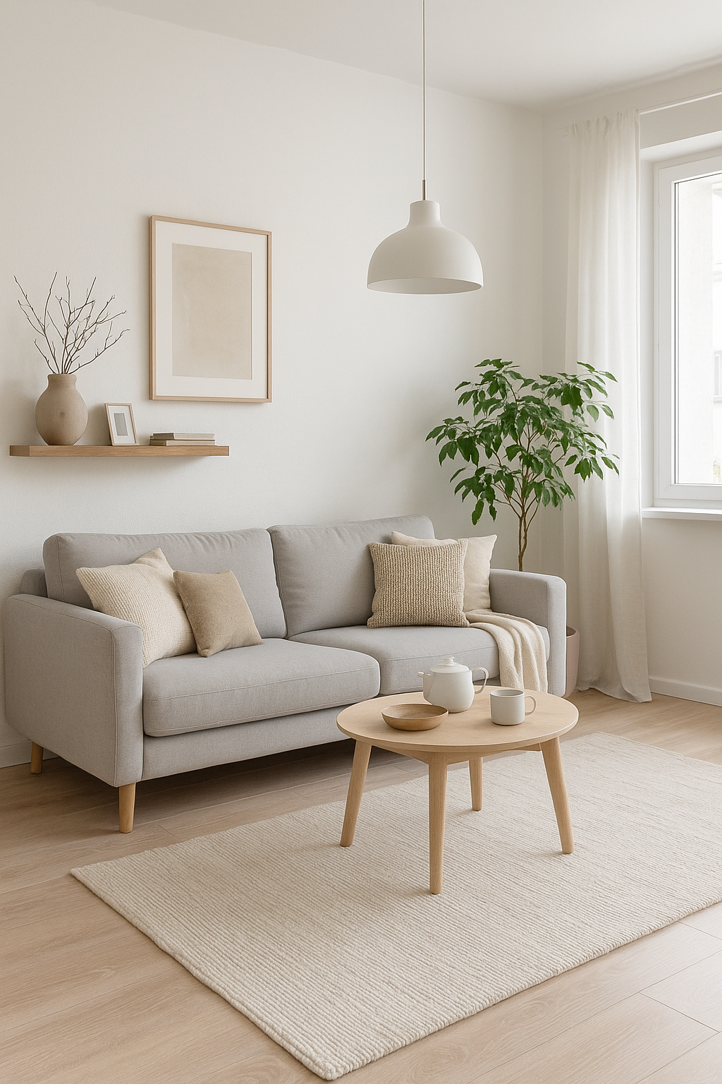 "Sala de estar com Design Escandinavo em Espaços Pequenos, apresentando sofá cinza claro, mesa de centro em madeira clara, tapete bege minimalista e planta em vaso simples, criando um ambiente funcional, acolhedor e iluminado."