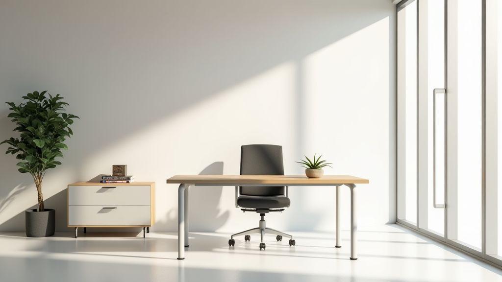 Decoração minimalista escritório que amplia visualmente o espaço Decoração minimalista escritório que amplia visualmente o espaço