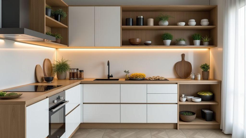 Use espaço vertical com prateleiras inteligentes para cozinhas pequenas